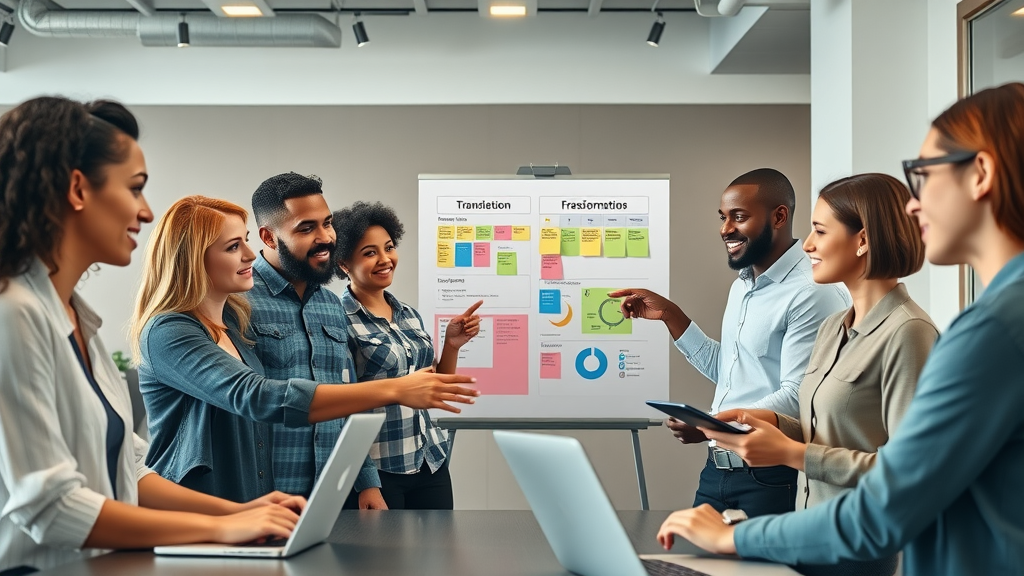 Diverse small business team planning digital transformation steps with a digital task board