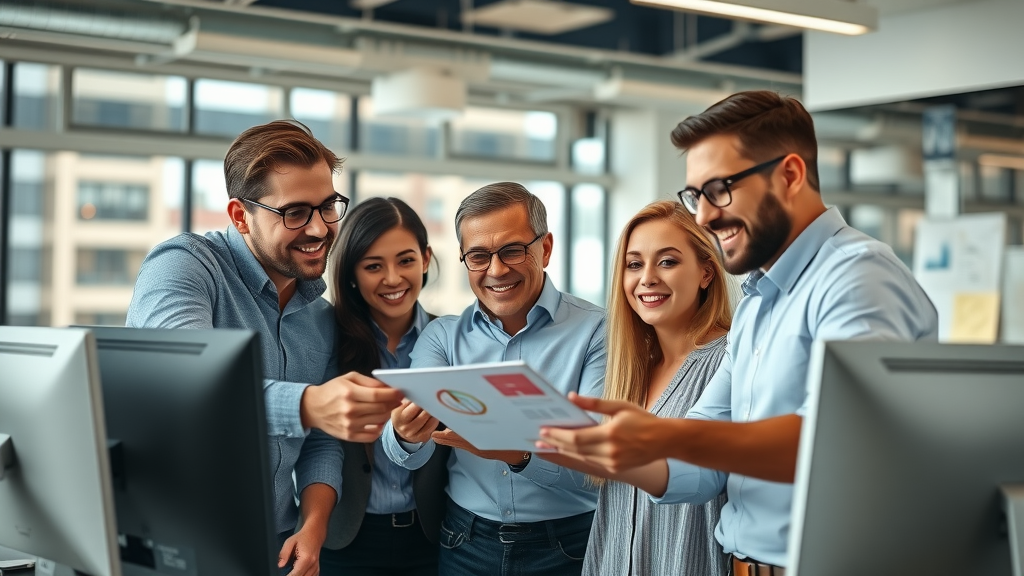 Dynamic small business team reviewing digital transformation strategies in a modern office