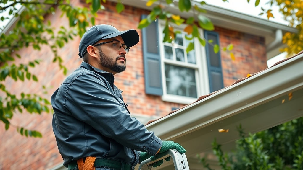 Gutter professional inspecting and cleaning rain gutter on residential home