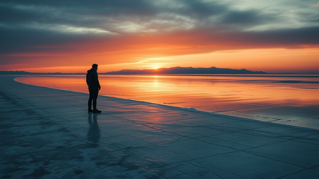 moody sunset over receding Great Salt Lake shoreline with exposed salt crust – salt lake, utah