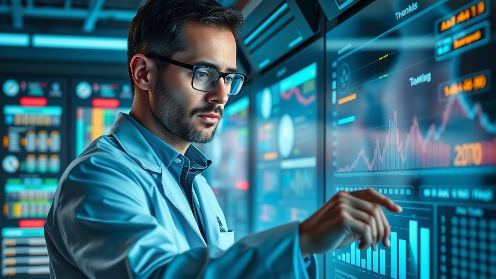 AI analytics digital interface with data scientist using real-time dashboard and data flows