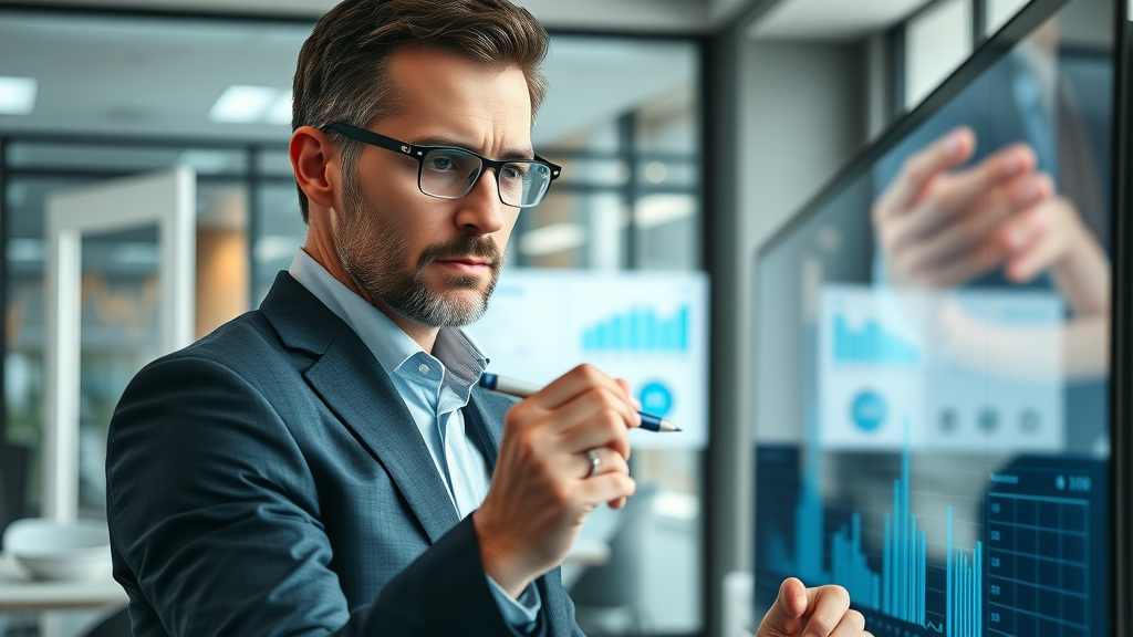 Business owner analyzing KPIs on a digital dashboard for small business digital transformation