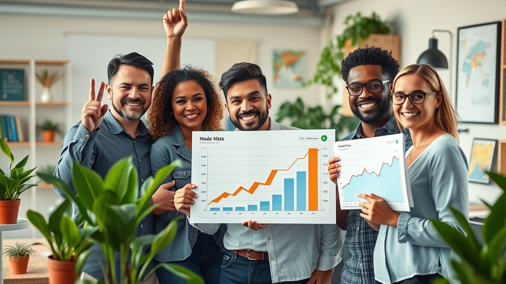 confident small business team analyzing AI-powered growth dashboards, celebrating achievements, photorealistic, contemporary workspace, ai tools for small businesses